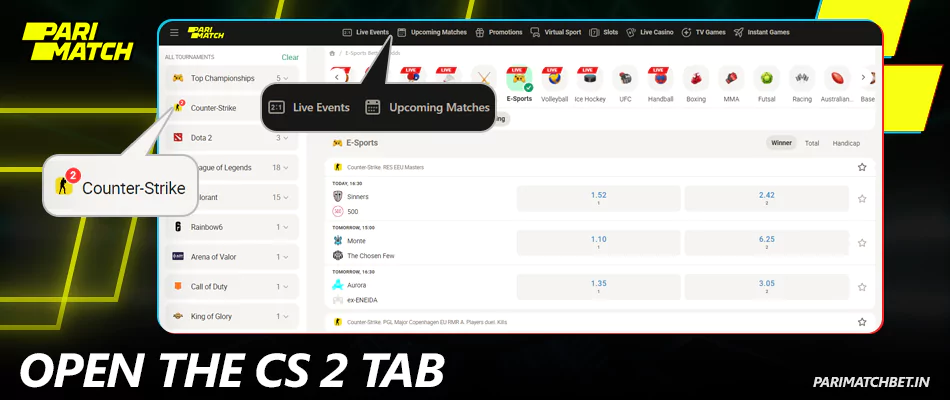 Open the tournaments tab at Parimatch India