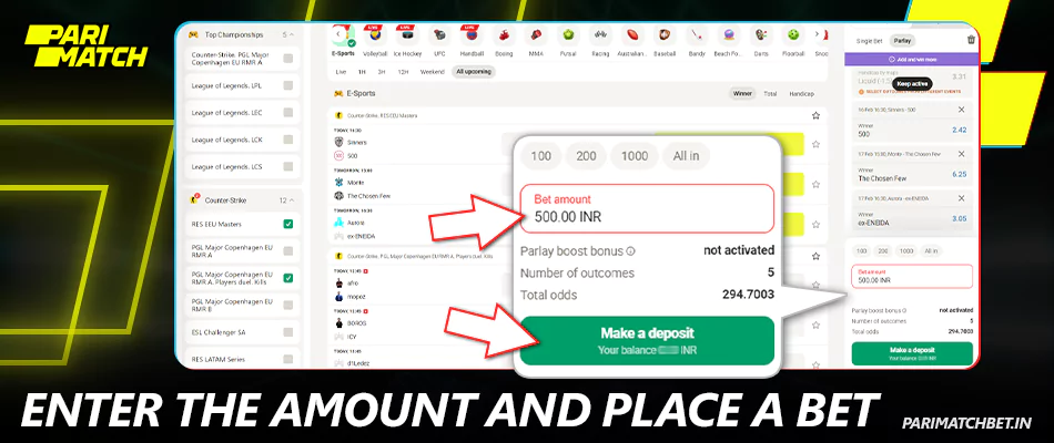 Enter the amount to bet on CS 2 at Parimatch India
