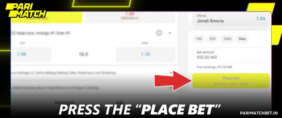 Press the "Place Bet" button at Parimatch