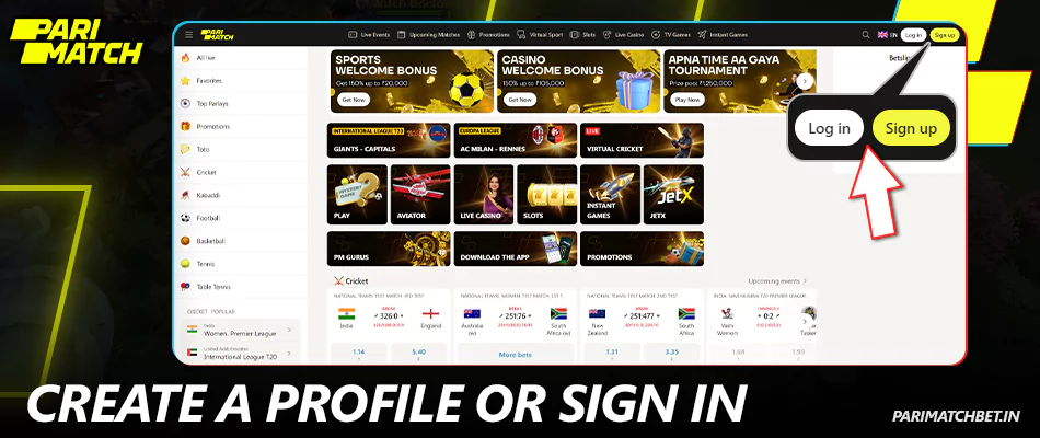 Create a profile or log in to Parimatch In