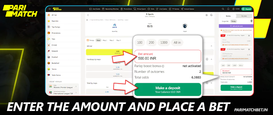 Enter the amount to bet on Dota 2 at Parimatch India