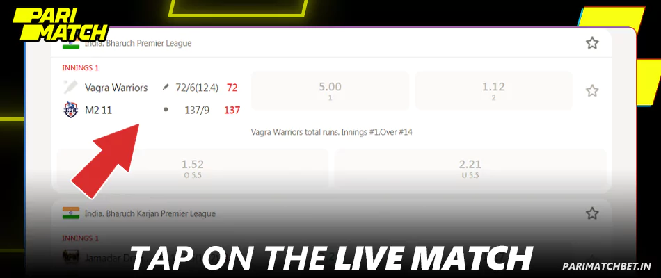 Select Live match at Parimatch