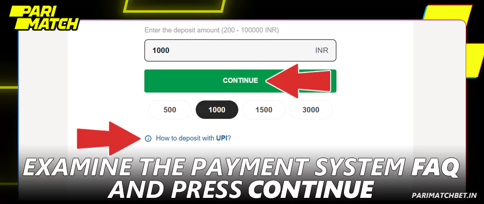 Click continue when making a deposit at Parimatch