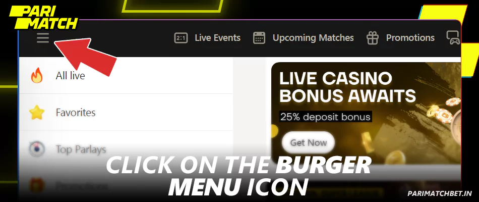 Click the menu button on Parimatch