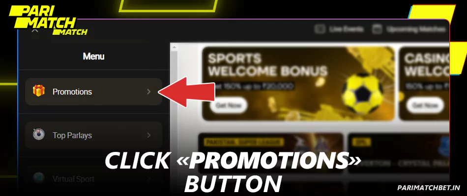 Click the Promotions button at Parimatch menu