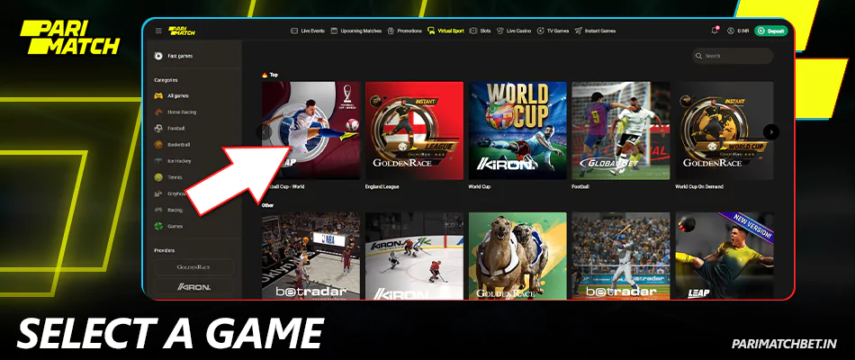 Choose an online game on the Parimatch India website