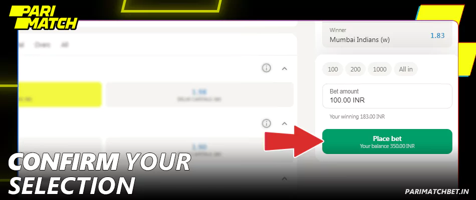 Press Place a bet button in Parimatch betslip
