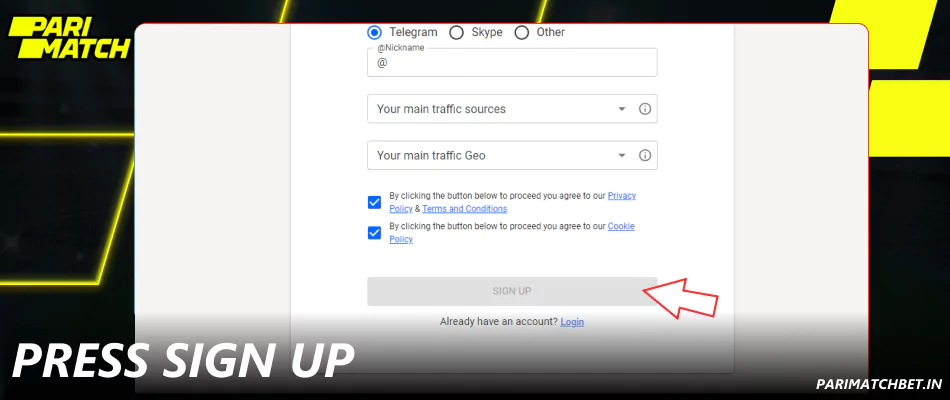Press Sign Up and wait for an invitation email to join Parimatch affiliate program