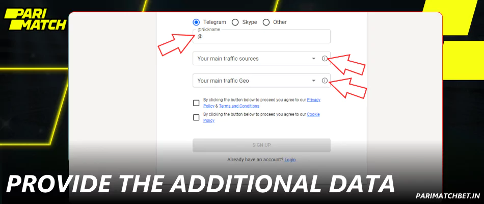 Provide the additional data to sign up as a Parimatch affiliate